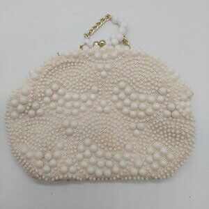 Goldco Beaded White Ivory Beaded Purse Beaded Gold Tone Chain Strap Hong Kong